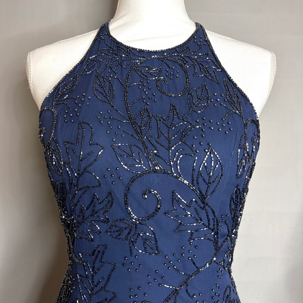 Vintage 90s Y2K Beaded Silk Evening Gown S/M Navy Formal Whimsigoth Dress - Picture 4 of 8